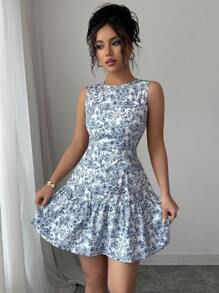 Elenzga Boho Elegant Flower Print Sleeveless Cinched Waist Mini Dress For Women, French Style Woven Graduation Summer Outfit, Spring/Summer