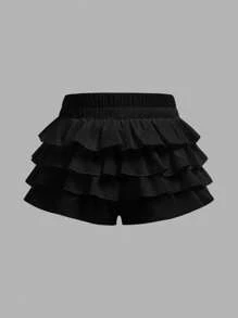 年轻女孩时尚纯色修身休闲短裤 - 黑色 - 查看 4