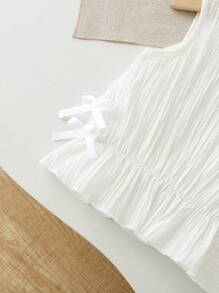 SHEIN Vintaside Kids Baby Girl Infant Toddler 0-3Y Casual Everyday Textured Knit Sleeveless Top With Bow Detail, Apricot & White, Spring/Summer