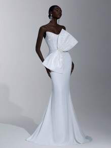 Elitara Elegant And Luxurious White Sequin Embroidery Handmade Big Bow Pearl Decoration Tube Top High Waist Slim Fishtail Beauty Trailing, Suitable For Wedding Festival Bridal Dress Formal Occasion Wedding Dress