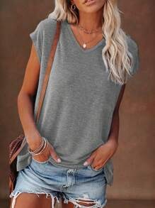 SHEIN LUNE Áo thun trơn đơn giản mùa hè dành cho nữ - Màu Xám nhạt - Xem 5