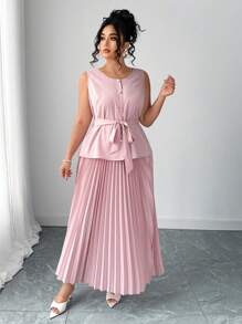 Elenzga Conjunto plus size de 2 peças: camisa minimalista de cor sólida, sem mangas, com botões + saia plissada em A, traje feminino casual de verão para negócios com laço elegante, vestidos formais para convidadas de casamento - Rosa - Ver 5