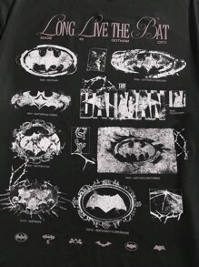 BATMAN X SHEIN 85th Camiseta de manga corta con gráfico de murciélago y letras para hombre talla grande de estilo casual de verano
