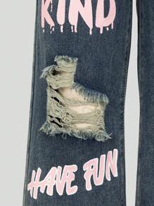 SHEIN Jeans de mezclilla casual y sencillo con estampado y rotos para adolescentes, en azul medio - Azul lavado oscuro - Ver 5