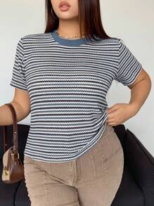 Dazy Petite Plus Color Block Striped Short Sleeve T-Shirt, Brown, Spring/Summer