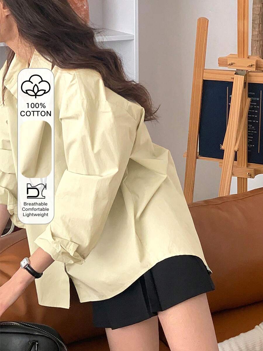DAZY Women Mint Green Loose Fit Turndown Collar Back Slit Long Sleeve Shirt, Spring/Summer,Fall Clothes - Apricot - View 1