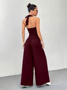 Flirla 女式黑色连体裤休闲度假百搭直筒挂脖连体裤，女式休闲连体裤 1 - 酒紅色 - 查看 2