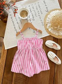 SHEIN LMoss Kids 女宝宝可爱休闲夏季粉色和白色条纹蝴蝶结肩带连体衣 - 粉色 - 查看 2
