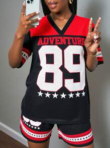 Slaydiva 2pcs/Set 2025 Spring & Summer Casual Jersey Outfit, Racer Suit, Adventure, Number 89 Graphic Print Women Two Pieces Set - Multicolor - View 4