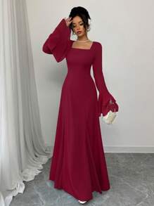 Rafferiza Long Square Neck Double Layer Ruffle Cuff Dress For Women Fall Cloth For Women - Red - View 6