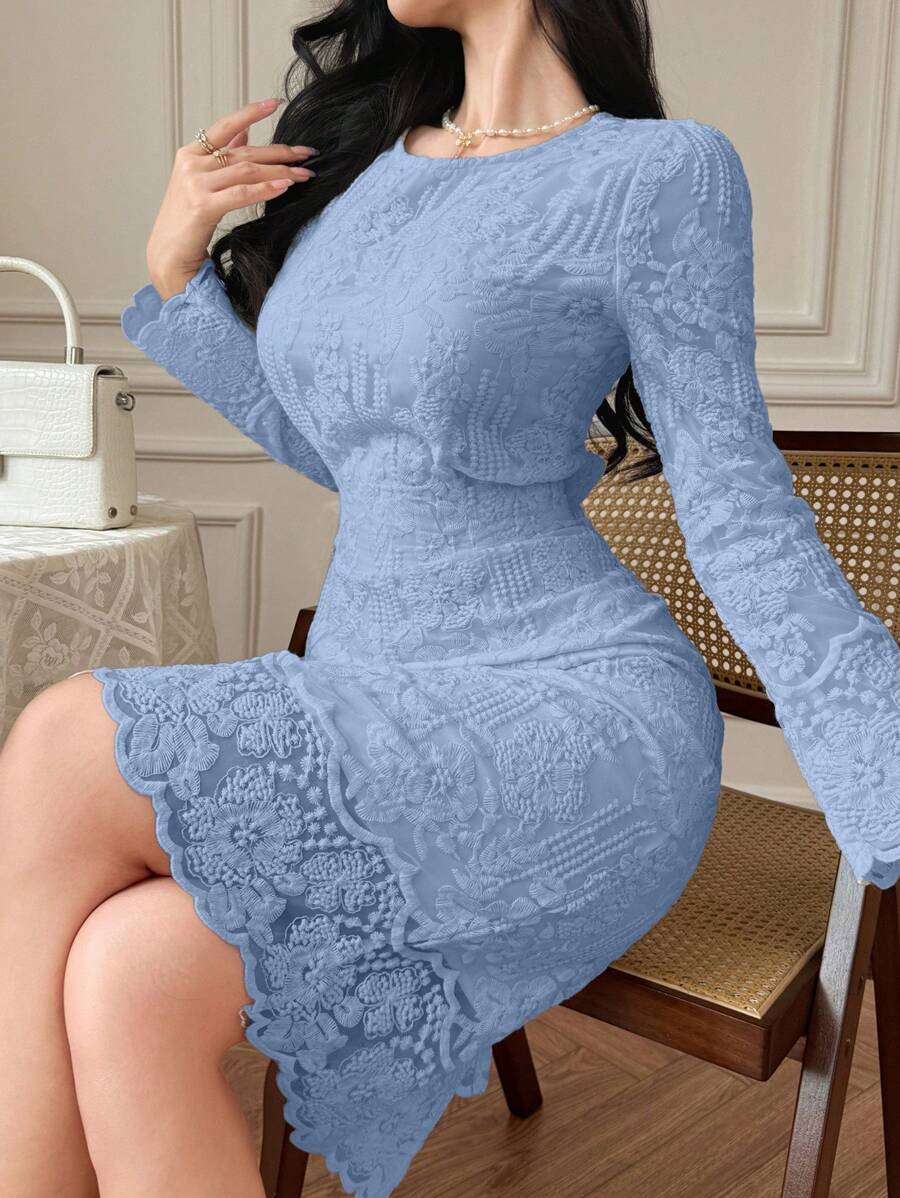 DAZY Vestido elegante y sofisticado con inserto de encaje en línea A para mujeres, ropa de otoño, ropa de vuelta al colegio, vestido de manga larga