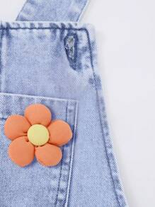 SHEIN ChillGRL Young Girl Floral Print Pocket Wide-Leg Casual Denim Bib Pants,Holiday,Summer,Travel - Baby Blue - View 6