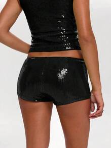 SHEIN BAE Quần short đính sequin dành cho nữ, phù hợp cho các lễ hội âm nhạc, đi chơi đêm và tiệc tối vào mùa hè - màu đen - Xem 2