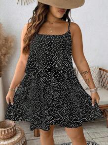 SHEIN Clasi 加大码白色多层波尔卡圆点吊带夏季连衣裙，适合女性春假、节日、圣帕特里克节狂欢装，波西米亚风