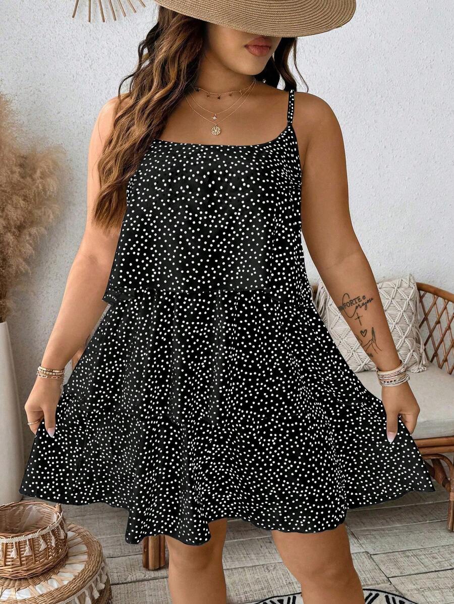 SHEIN Clasi 加大码白色多层波尔卡圆点吊带夏季连衣裙，适合女性春假、节日、圣帕特里克节狂欢装，波西米亚风