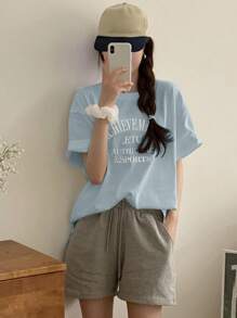 DAZY Women Letter Embroidery Loose Fit Round Neck Short Sleeve T-Shirt