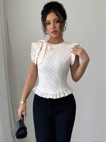 Elenzga Áo peplum tay ngắn in họa tiết chấm bi buộc phía trước cho nữ - Màu be - Xem 4