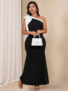 Bellastra Women's Plus Size Wrap Tight Off-Shoulder Bow Elegant Long Black And White Contrast Stitching Dress Bow Birthday Dresses Spring Dress Summer Women Outfit Elegant Formal Women Dresses Evening Dress Maxi Bodycon Dress Wedding Women Dress Romantic Dress Graduation Dress Tea Party Outfit