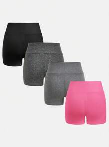 SHEIN 4 条青少年女孩休闲纯色高腰运动瑜伽短裤，春夏 - 玫紅色 - 查看 3