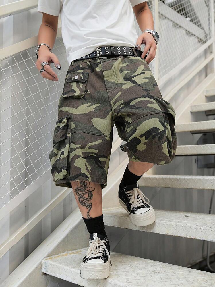 Manfinity EMRG Shorts Denim Camuflada Casual Masculina - Verde Militar - Visão 3