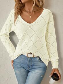 SHEIN LUNE Dệt kim chấm bi Thả vai Áo len - trắng - Xem 4