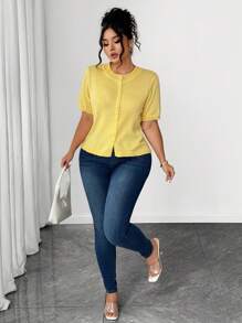 Elenzga Lightweight Crew Neck Plus Size Women Knitted Cardigan, Casual Slim, Sun Protection Suitable For Daily Commute And Outings, Summer & Autumn