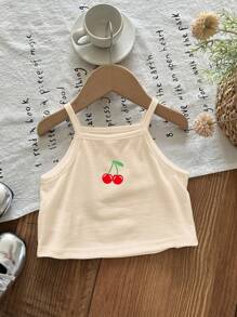 SHEIN Young Girl Casual Minimalist Cute Cherry Print Beige Camisole Top, Suitable For Summer - Khaki - View 1