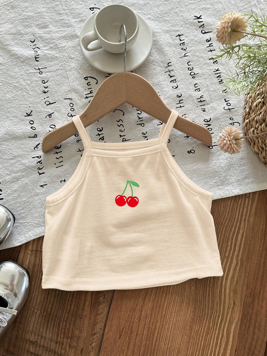 SHEIN Young Girl Casual Minimalist Cute Cherry Print Beige Camisole Top, Suitable For Summer - Khaki - View 1