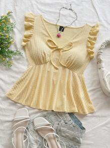 Soleia Women's Vacation Yellow Knitted Textured V-Neck Bowknot Blouse, Casual Wear For Dates, Afternoon Tea, Beach, Cruise, Road Trips, Music Festivals - Yellow - View 3