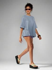 MISSGUIDED Italian Inspired Amalfi Coast Lemon Print Summer Beach Vacation Holiday Oversized Relaxed T-Shirt Mediterranean Travel Island Weekend Casual Wear - Blue - View 6