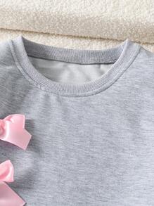 Sparklyn Conjunto de camiseta con decoración de lazo y falda plisada mini con decoración de lazo para niña preadolescente - Gris - Ver 3