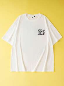 TOM & JERRY X SHEIN 大码男士夏季休闲可爱猫咪印花圆领短袖 T 恤，图案 T 恤