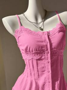 Comfortcana 女士纯色撞色蕾丝单排扣吊带背心粉色蕾丝边上衣粉色夏季上衣可爱粉色上衣娃娃衫女士娃娃衫夏季女士上衣夏季吊带背心 - 粉色 - 查看 7