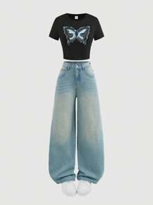 Girlism Bộ áo phông họa tiết bướm denim Y2K cho bé gái tuổi teen và quần jeans ống rộng màu xanh - Rửa nhẹ - Xem 1
