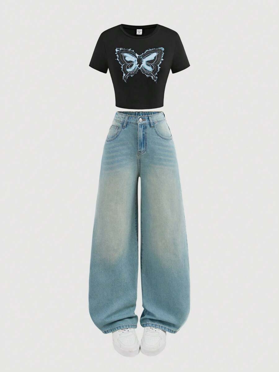 Girlism Bộ áo phông họa tiết bướm denim Y2K cho bé gái tuổi teen và quần jeans ống rộng màu xanh - Rửa nhẹ - Xem 1