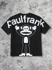 Paul Frank X SHEIN Men's Casual Letter & Monkey Print Round Neck Short Sleeve T-Shirt, Summer - Black - View 1