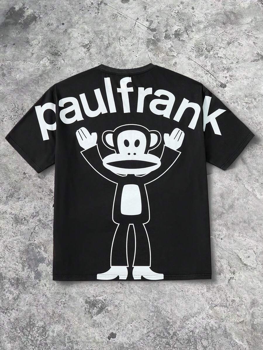 Paul Frank X SHEIN Men's Casual Letter & Monkey Print Round Neck Short Sleeve T-Shirt, Summer - Black - View 1