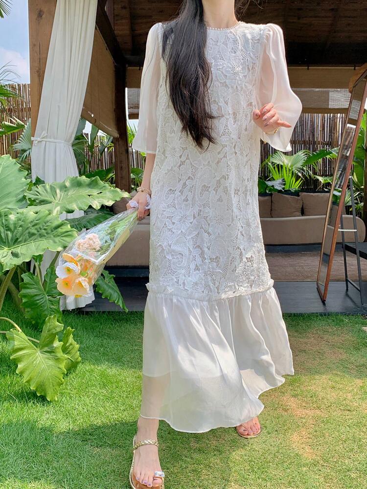 Women's Elegant Crew Neck Contrast Lace Bohemian Style Mid-Calf Length Dress, Ideal For Vacation Prom Dress Carnival Dress