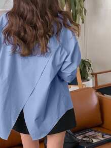 DAZY Women's Loose Solid Color Turndown Collar Backside Split Long Sleeve Mint Green Button Up Shirt, Spring/Summer,Fall - Blue - View 4