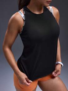 Powerista Letter Print Trim Cropped Racerback Tank Top - Black - View 6