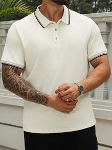 Manfinity Homme 菱形纹理针织面料夏季高端休闲男士 Polo 衫，适合外出和日常穿着，经典米色 T 恤，采用轻盈优雅的面料制成，时尚百搭，是送给男朋友或丈夫的理想礼物，加大码 - 杏色 - 查看 5