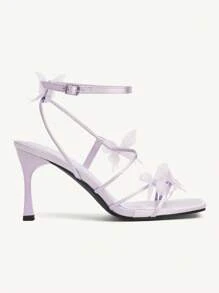 CUCCOO CHICEST 女士紫色缎面高跟凉鞋，带水钻蝴蝶装饰，露趾踝带正装鞋，适合优雅浪漫的约会、派对、度假 - 淡紫色 - 查看 3