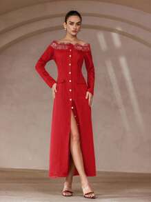 SHEIN Privé Elegant And Intellectual Black Contrast Lace Off Shoulder Single-Breasted Flap Pocket Long Sleeve Dress Fall Cloth For Women - Red - View 5