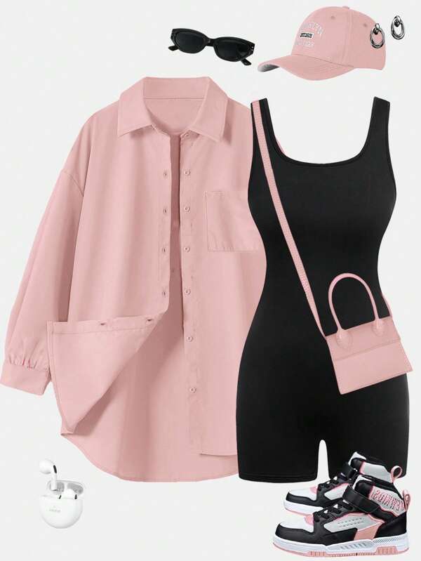 SHEIN Frenchy Y2K Streetwear 2pcs Matching Set: Oversized Pink Button Down Shirt & Slim Black Bodysuit Shorts - Women's Athleisure Outfits For Airport Travel, Summer Casual (Tracksuit Set) Women Summer Clothing Woman S Summer Clothes Women S Summer Shirts Women Summer Sets Women Clothing Y2k