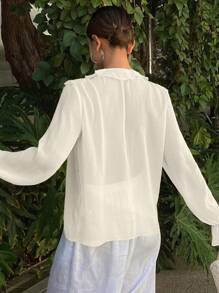 DAZY Vacation Chiffon Peplum Tie Neck Drawstring Long Sleeve Blouse For Women - White - View 3
