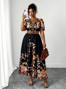 SHEIN Tall 大码女式时尚百搭泰国马尔代夫旅游海滩度假波西米亚印花收腰V领荷叶边连衣裙，适合春夏季，高码 - 彩色 - 查看 7