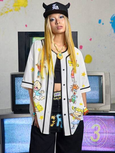 Nick 90's X ROMWE Cartoon Character Graphic Loose Fit Sports Style Jersey Blouse For Women