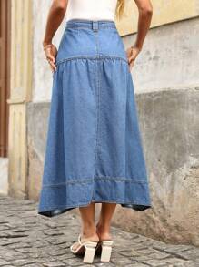 SHEIN LUNE 女士牛仔迷你裙，夏季时尚 - 藍色 - 查看 3