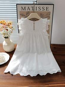 Elladie kids Girls Elegant Round Neck Ruffle Cap Sleeve Hollow Embroidered Cotton Casual Princess Dress, Suitable For Holiday Party, Travel, Birthday Gift, Summer - White - View 2