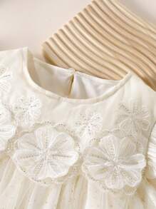 青少年女孩夏季透明花卉金箔连衣裙 - 杏色 - 查看 6